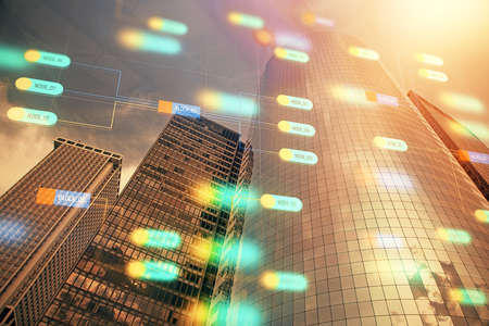 Data theme hologram drawing on city view with skyscrapers background multi exposure. Bigdata concept.の写真素材