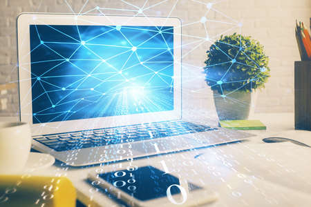 Multi exposure of desktop with personal computer and tech theme drawing. Concept of Bigdata.