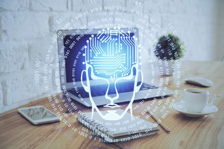 Multi exposure of work space with computer and human brain hologram. Brainstorm concept.