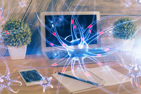 Desktop computer background and neuron drawing. Double exposure. Education concept.