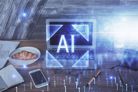 Double exposure of computer and technology theme hud. Concept of innovation.の写真素材