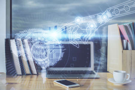 Multi exposure of work table with computer and brain hologram. Brainstorm concept.