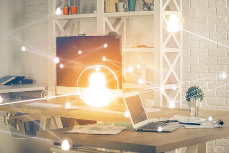 Computer on desktop with social network theme icon. Multi exposure. Concept of international connections.の写真素材