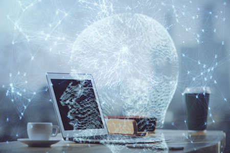 Double exposure of work table with computer and brain sketch hologram. Brainstorming concept.の写真素材