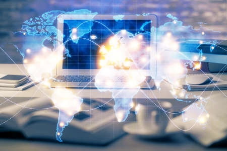 Multi exposure of business theme icons and table with computer background. Concept of success.
