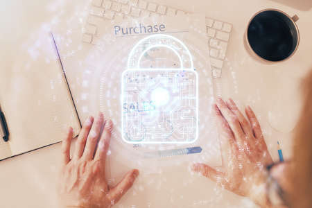 Humans hands with cyber security theme multi exposure background drawings. Concept of online protection.の写真素材