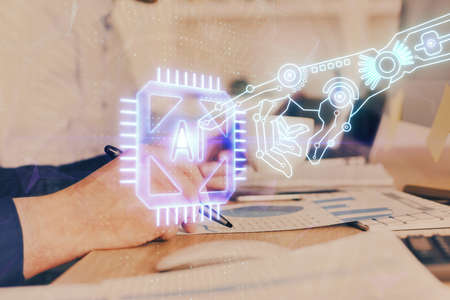Humans hands with data theme double exposure background drawings. Concept of big data.