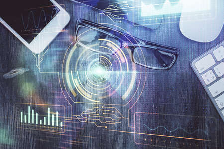 Multi exposure of technology theme drawing over work table desktop. Top view. Global data analysis concept.の写真素材