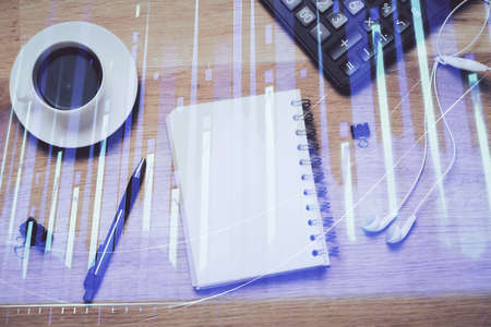 Multi exposure of forex chart drawing and work table top veiw. Concept of financial analysis.