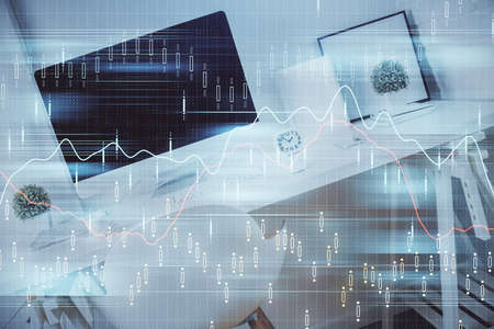 Double exposure of financial graph drawing and office interior background. Concept of stock market.