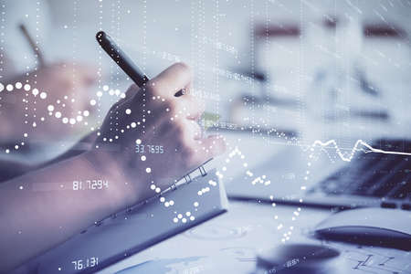 Double exposure of data theme sketch drawing over people writing background. Concept of technology