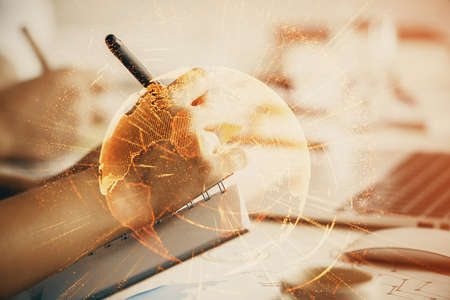 Double exposure of social network theme drawing over people taking notes background. Concept of...