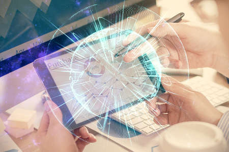 Double exposure of mans hands holding and using a phone and international business theme drawing.の写真素材