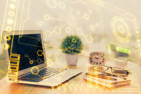 Double exposure of desktop with computer on background and tech theme drawing. Concept of big data.