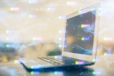 Double exposure of desktop with computer on background and tech theme drawing. Concept of big data.の写真素材