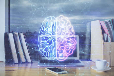 Multi exposure of work table with computer and brain hologram. Brainstorm concept.