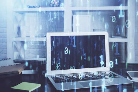 Technology theme drawing and work space with computer. Multi exposure. Concept of innovation.