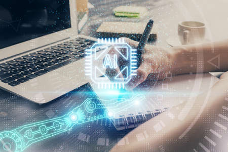 Multi exposure of writing hands on background with data solution hologram. Technology concept.