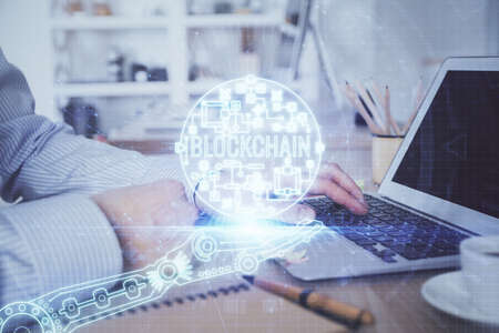 Blockchain theme hud with man working on computer on background. Concept of crypto chain. Double...
