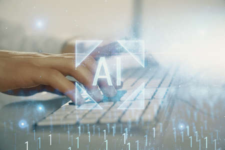 Double exposure of data internet theme hologram with man working on computer on background. Concept of innovation.の写真素材