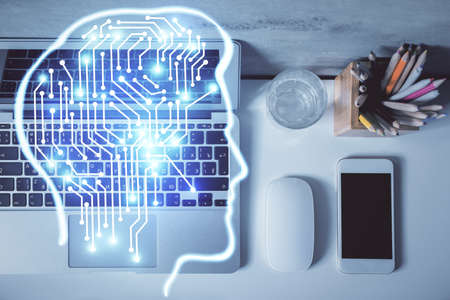 Multi exposure of brain sketch hologram over topview work table background with computer. Concept of big data.の写真素材
