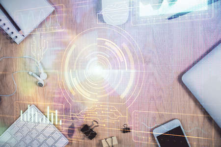 Multi exposure of technology theme drawing over work table desktop. Top view. Global data analysis concept.の写真素材