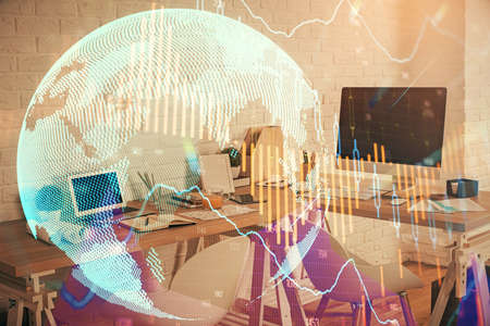 Multi exposure of stock market chart drawing and office interior background. Concept of financial...