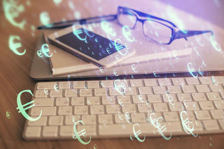 Double exposure of forex chart drawing and cell phone background. Concept of financial tradingの写真素材