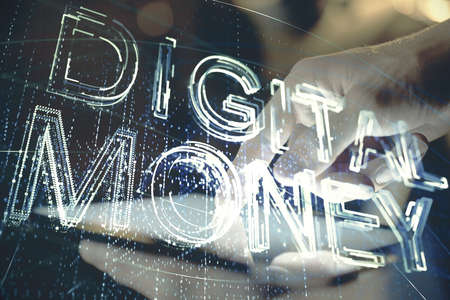 Double exposure of mans hands holding and using a phone and crypto currency blockchain theme drawing.の写真素材