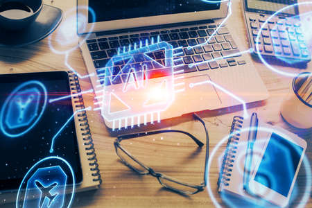 Double exposure of table with computer on background and data theme drawing. Concept of innovation.