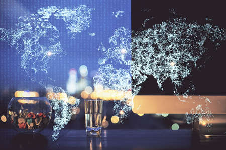 Computer on desktop with social network hologram. Double exposure. Concept of international people...
