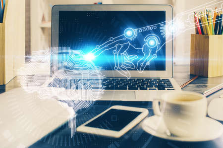 Double exposure of desktop computer and human brain drawing hologram. Ai concept.