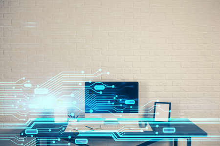 Double exposure of desktop computer and technology theme hologram. Concept of software development.