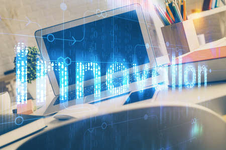 Multi exposure of desktop with personal computer and tech theme drawing. Concept of Bigdata.