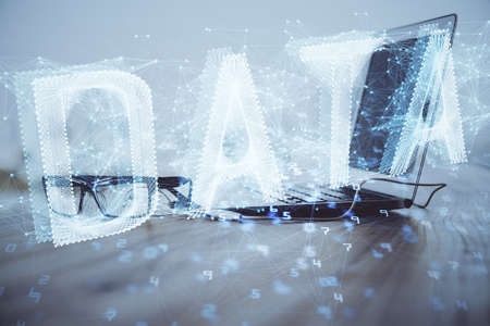 Double exposure of computer and technology theme drawing. Concept of innovation.の写真素材