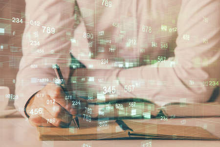 Man in white shirt with technology icons. . Double exposure. Network and data concept.の写真素材