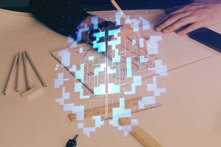 Humans hands with data theme multi exposure background drawings. Concept of innovation.