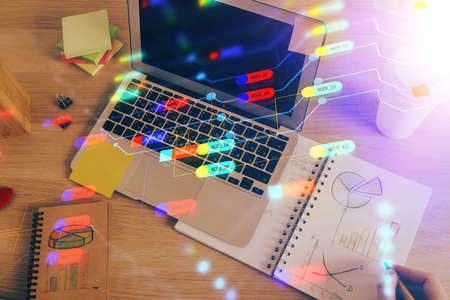 Humans hands with data theme multi exposure background drawings. Concept of innovation.の写真素材