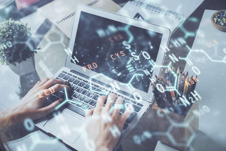 Science formula hologram with man working on computer on background. Education concept. Double...