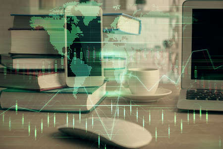 Double exposure of financial graph drawing and cell phone background. Concept of forex trading