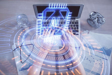Double exposure of woman hands working on computer and data theme hologram drawing. Top View....