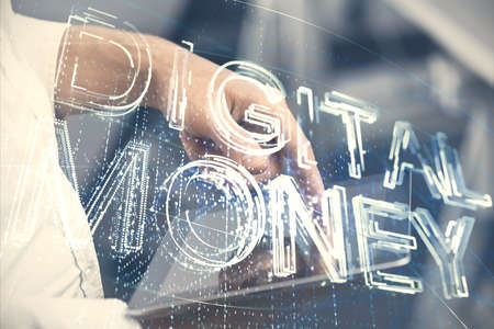 Double exposure of mans hands holding and using a phone and crypto currency blockchain theme drawing.の写真素材