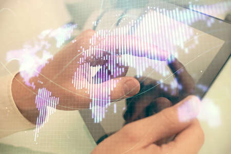 Double exposure of mans hands holding and using a phone and international business theme drawing.