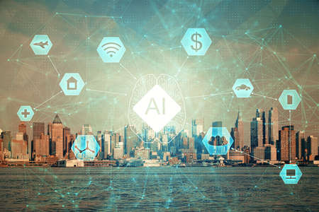 Data theme hologram drawing on city view with skyscrapers background multi exposure. Bigdata...