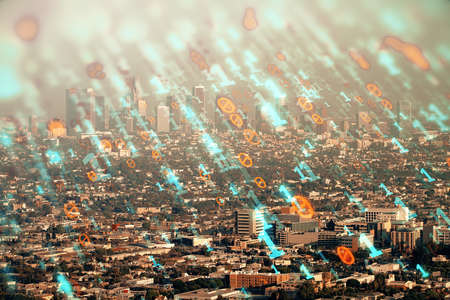 Data theme hologram drawing on city view with skyscrapers background double exposure. Technology concept.の写真素材
