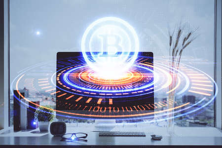 Double exposure of blockchain and crypto economy theme hologram and table with computer background. Concept of bitcoin cryptocurrency.の写真素材