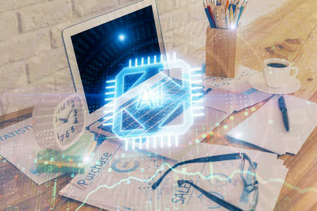 Multi exposure of desktop with computer on background and tech theme drawing. Concept of big data.