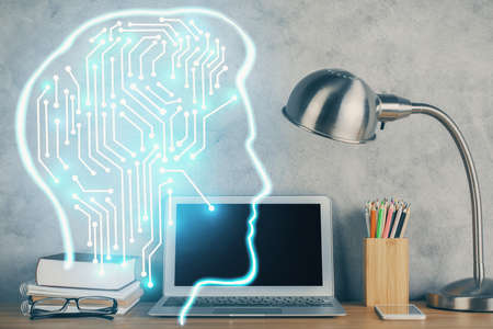 Double exposure of desktop computer and human brain drawing hologram. Ai concept.
