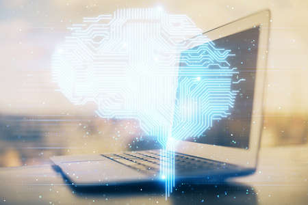 Double exposure of desktop computer and human brain drawing hologram. Ai concept.の写真素材