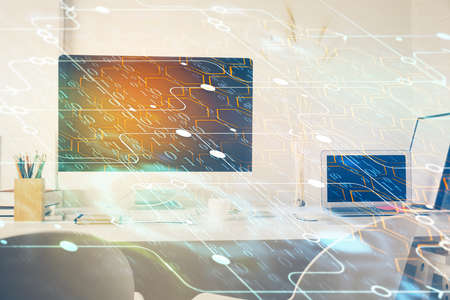 Double exposure of desktop with personal computer on background and tech theme drawing. Concept of...